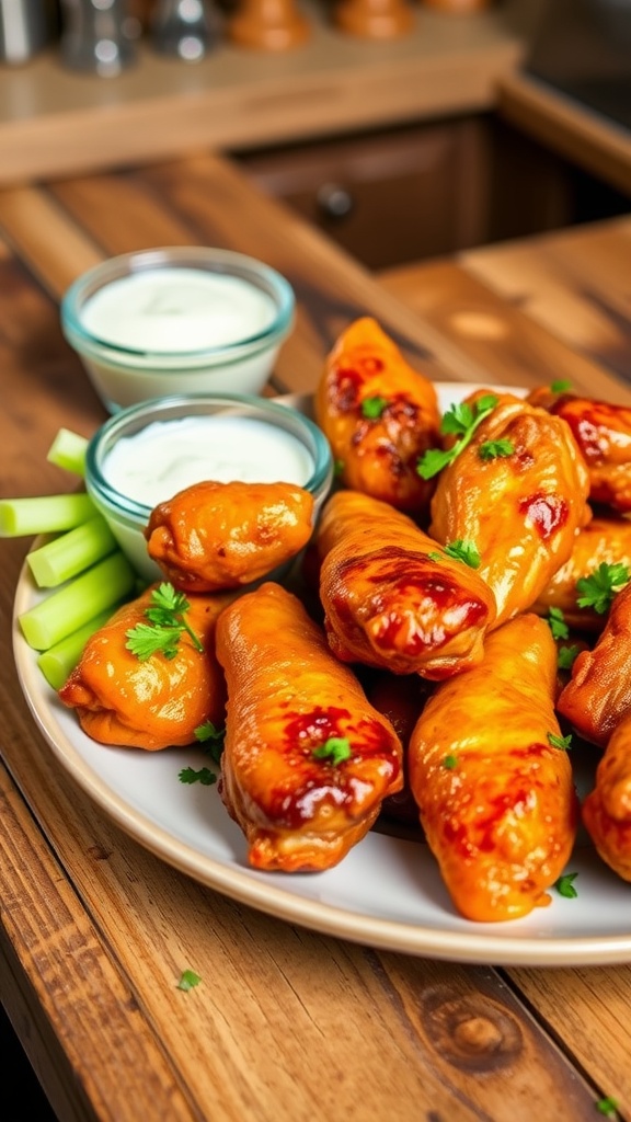 Crispy air fryer chicken wings on a plate, garnished with parsley, served with celery and blue cheese dressing.
